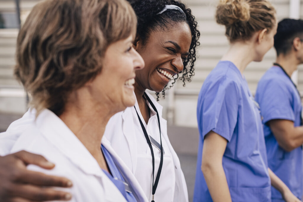 Nurses walking and laughing